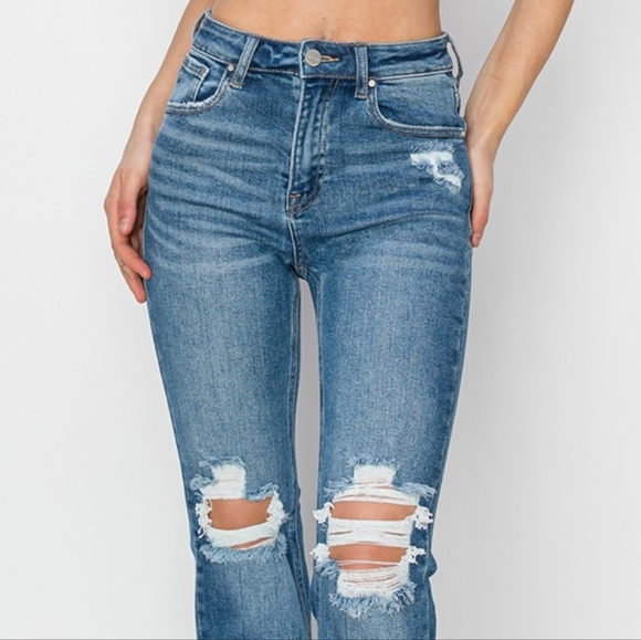 RISEN High-Rise Straight Leg Distressed Ankle Frayed Raw Hem Jeans Denim Pants - Picture 4 of 16